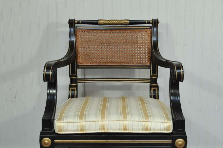 Baker Stately Homes Black English Regency Gold Gilt Klismos Armchair In Excellent Condition In Philadelphia, PA