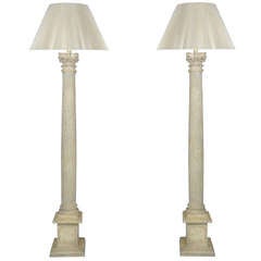 Pair of Tall Carved Wood Corinthian Column Form Distress Polychromed Floor Lamps