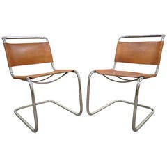 Pair of Mr Brown Leather and Chrome Chairs Attributed to Mies van der Rohe