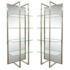 Pair of Mirrored & Brushed Steel Etageres in the Style of Milo Baughman