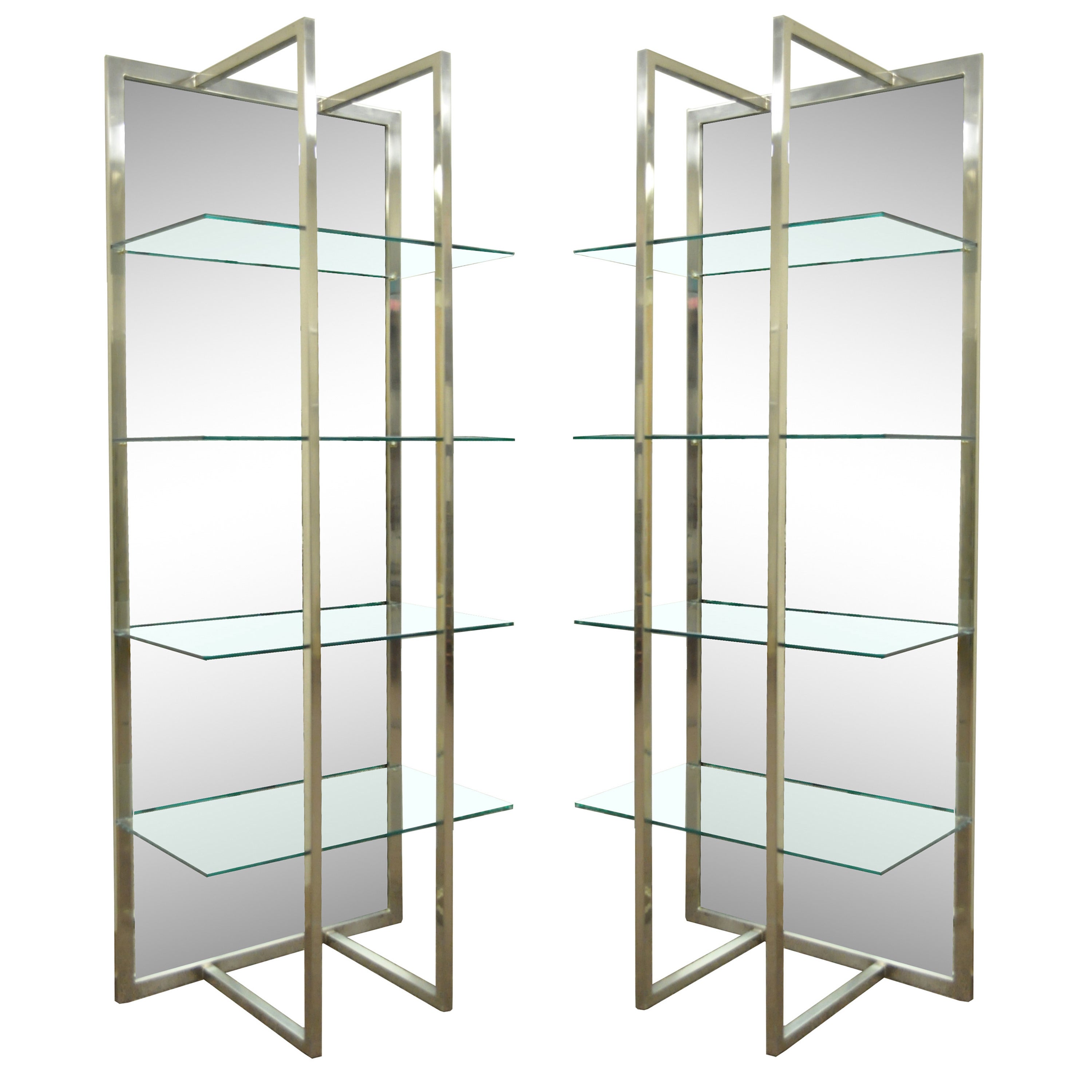 Pair of Mirrored & Brushed Steel Etageres in the Style of Milo Baughman
