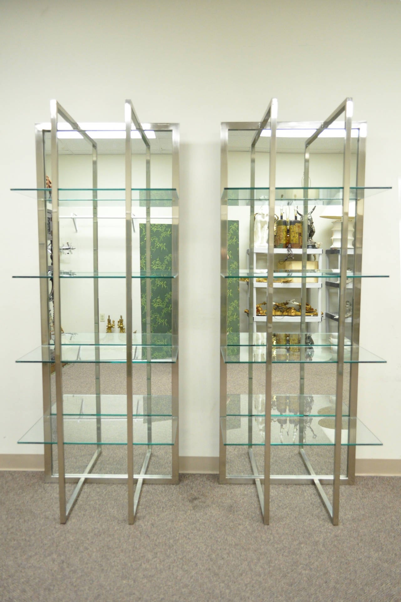Pair of Mirrored & Brushed Steel Etageres in the Style of Milo Baughman 4