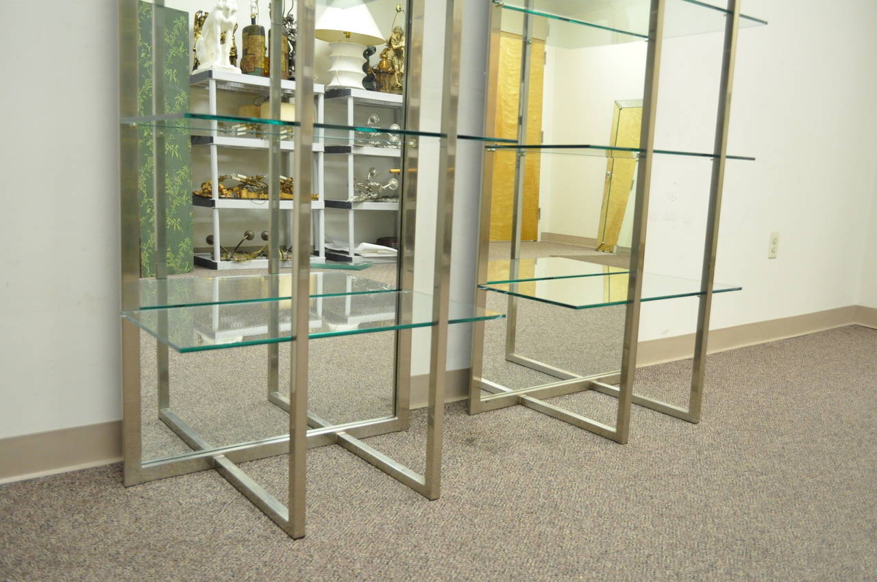 Pair of Mirrored & Brushed Steel Etageres in the Style of Milo Baughman 2