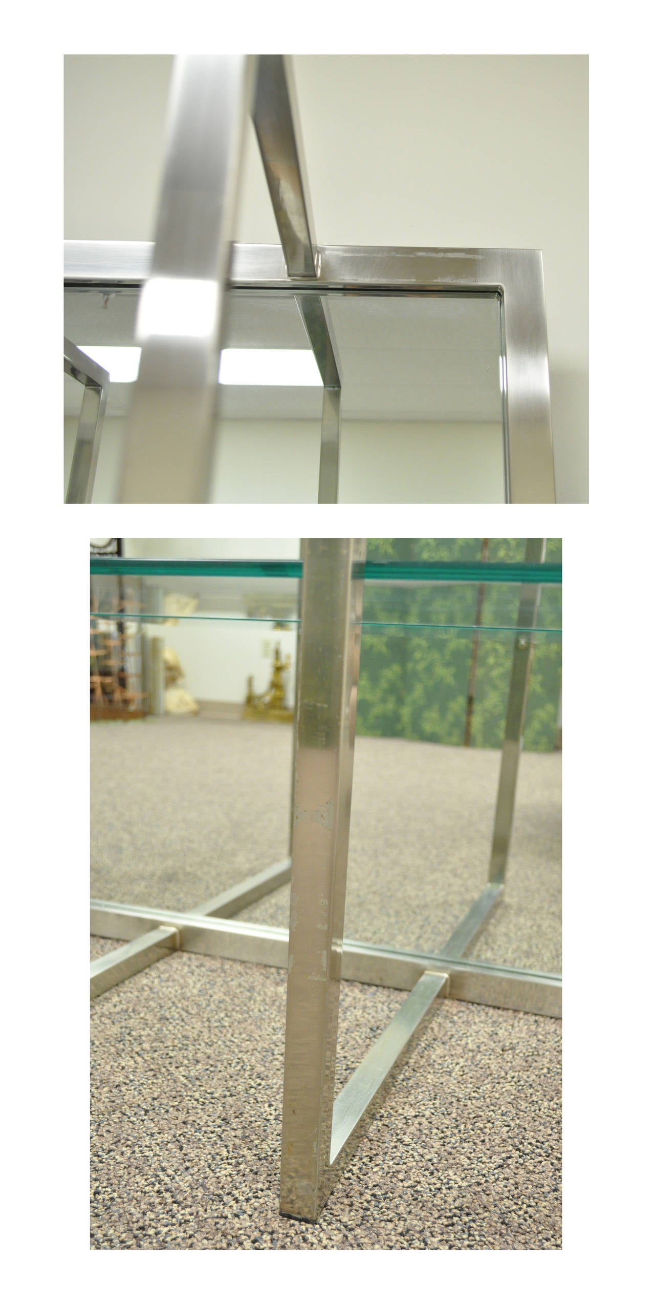 Glass Pair of Mirrored & Brushed Steel Etageres in the Style of Milo Baughman