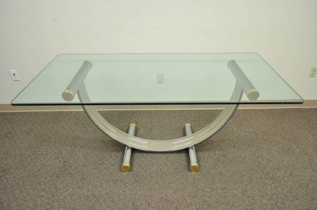 Mid Century Modern Romeo Rega Style Chrome Brass and Glass Arch Dining Table For Sale 1