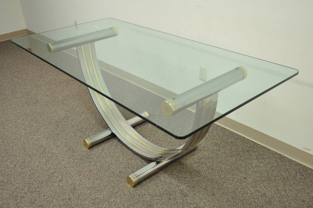 American Mid Century Modern Romeo Rega Style Chrome Brass and Glass Arch Dining Table For Sale