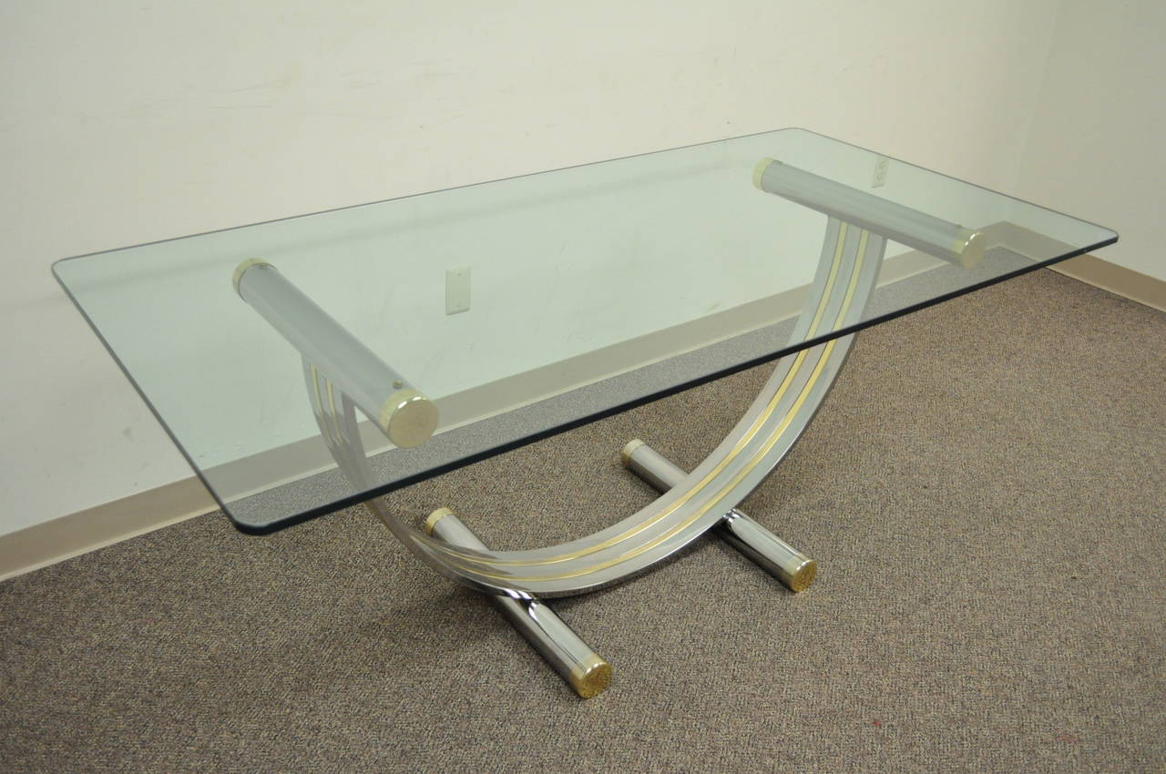 20th Century Mid Century Modern Romeo Rega Style Chrome Brass and Glass Arch Dining Table For Sale