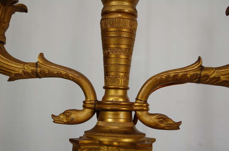 French Neoclassical Style Bronze Swan Figural Candelabra Column Table Lamps
