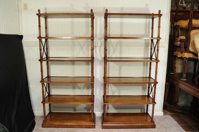 Pair Hollywood Regency Faux Bamboo Directoire Style Etageres w/ Brass Finials 4