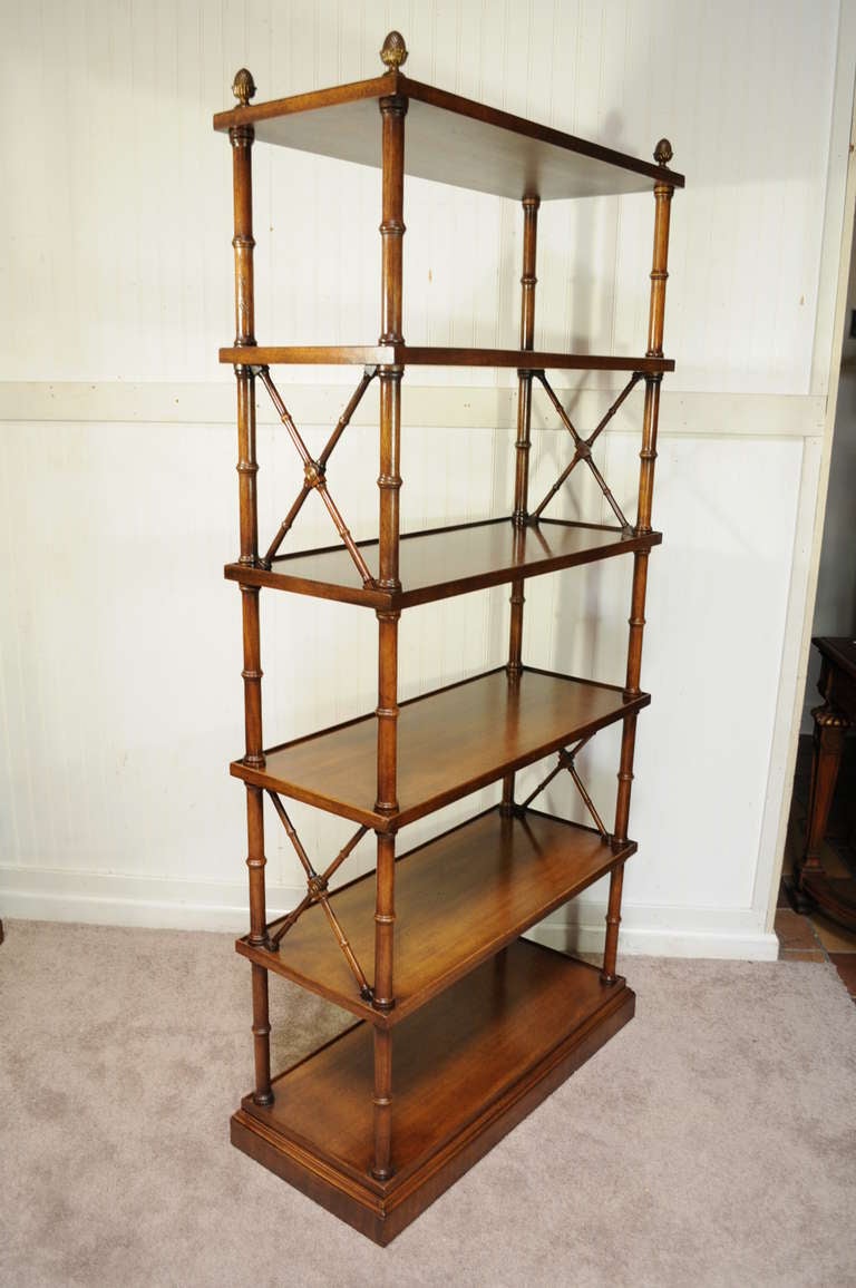 Pair Hollywood Regency Faux Bamboo Directoire Style Etageres w/ Brass Finials In Good Condition In Philadelphia, PA
