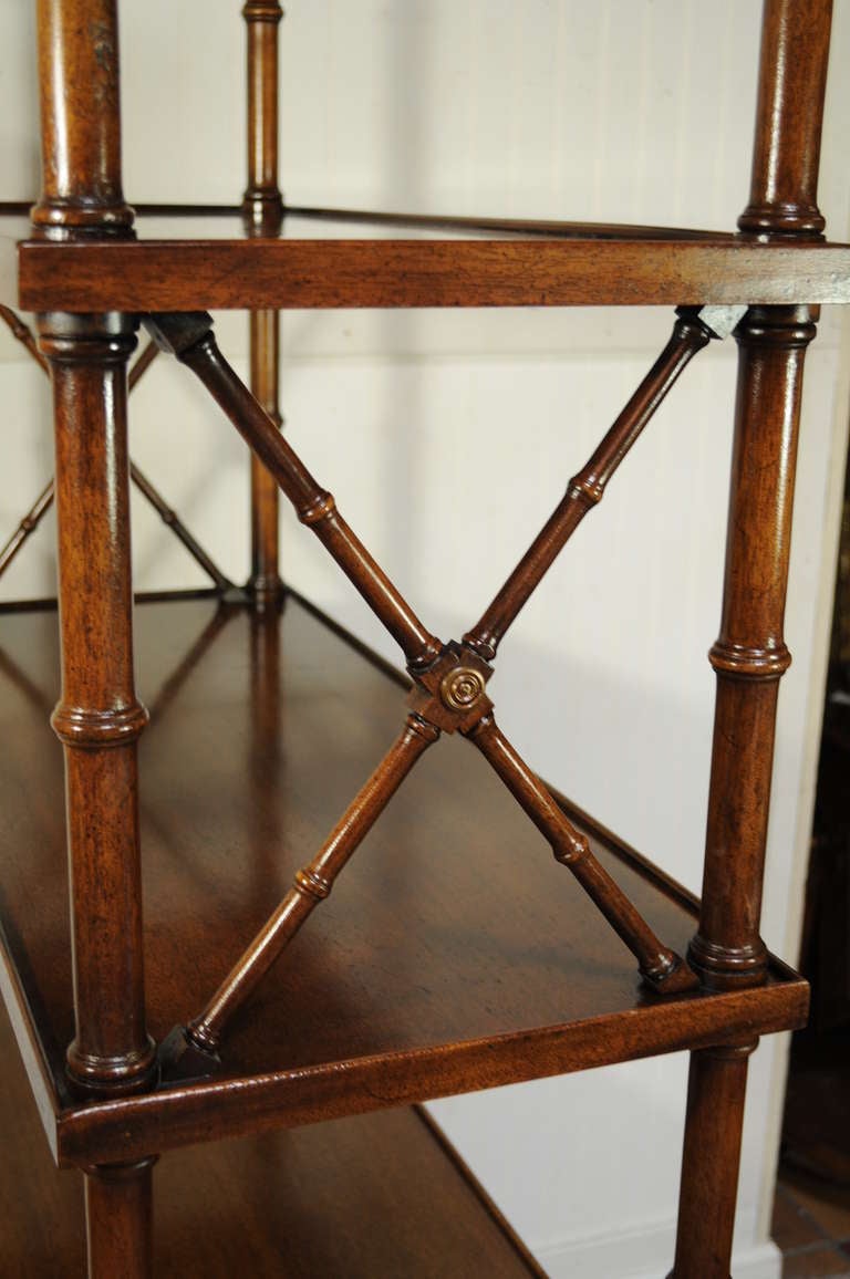 Mid-20th Century Pair Hollywood Regency Faux Bamboo Directoire Style Etageres w/ Brass Finials