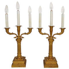 French Neoclassical Style Bronze Swan Figural Candelabra Column Table Lamps