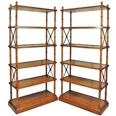 Pair Hollywood Regency Faux Bamboo Directoire Style Etageres w/ Brass Finials