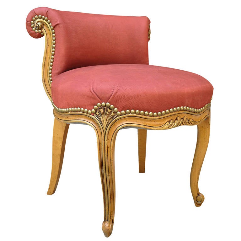 French Hand-Carved, Rolled Back Leather Vanity Chair in the Louis ... French Hand-Carved, Rolled Back Leather Vanity Chair in the Louis ...