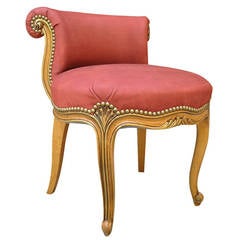 French Hand-Carved, Rolled Back Leather Vanity Chair in the Louis XV Taste