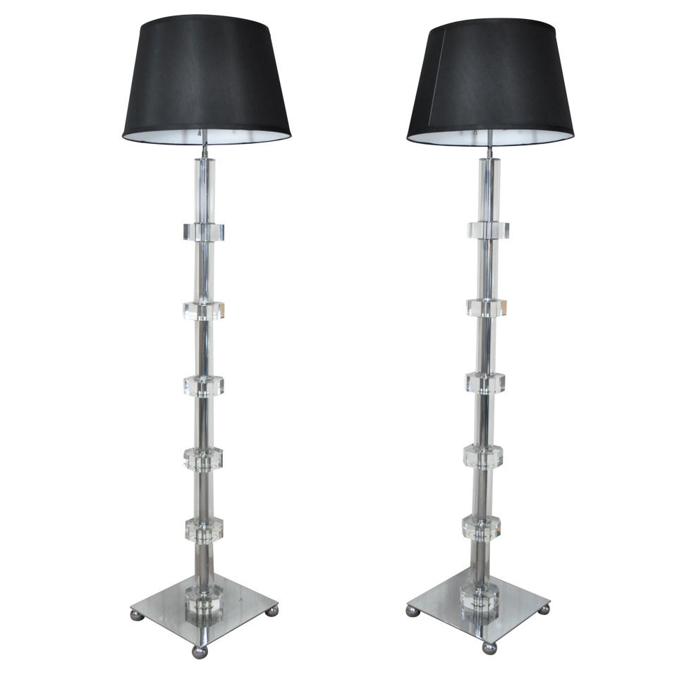Pair of Mid Century Lucite and Chrome Art Deco Karl Springer Style Floor Lamps  For Sale