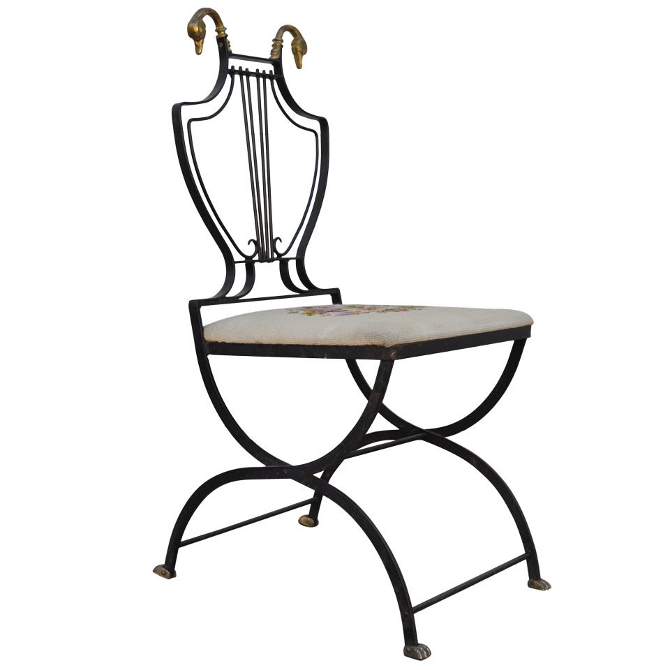 Lyre-Back Regency-Style Swan Head X-Form Wrought Iron and Brass Side Chair