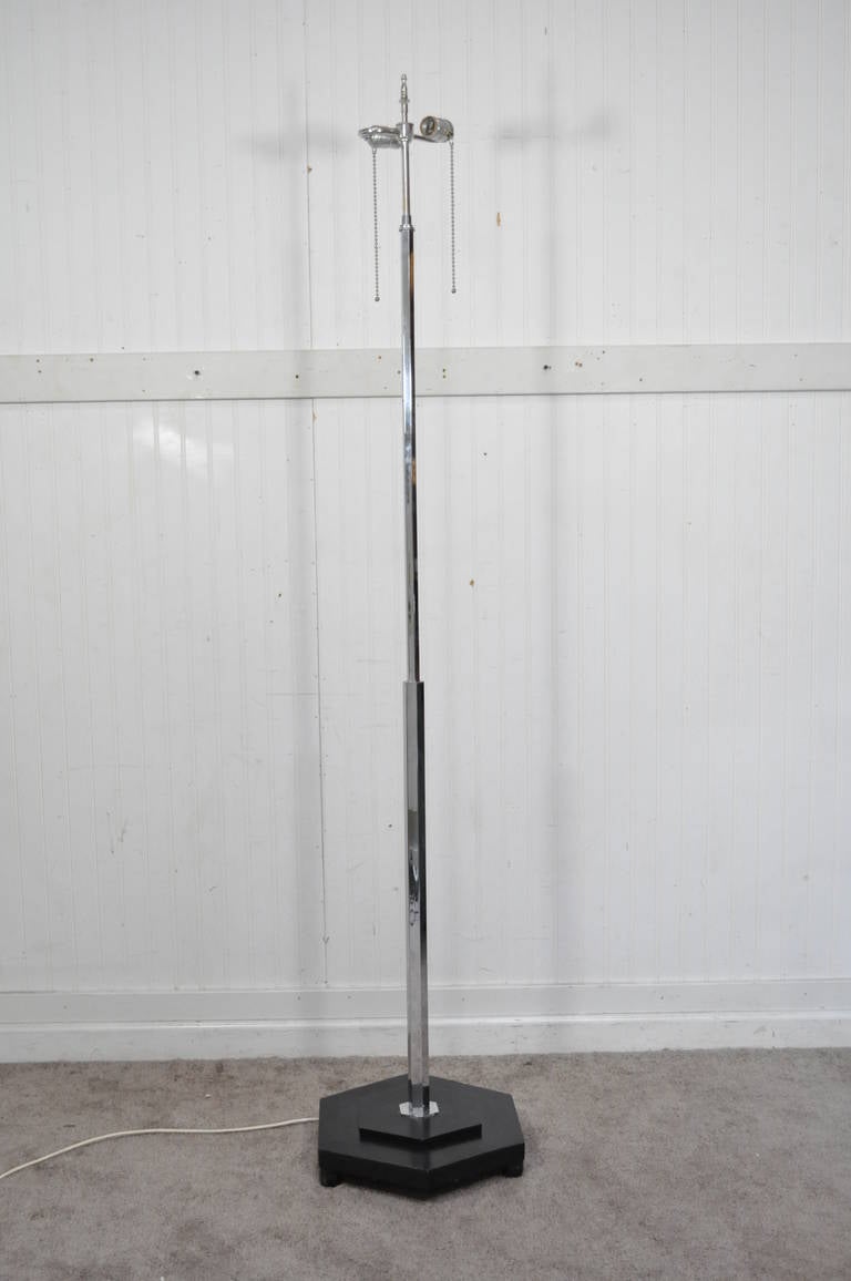 American Mid-Century Modern Modernist Chrome and Ebonized Wood Vintage Pole Floor Lamp For Sale