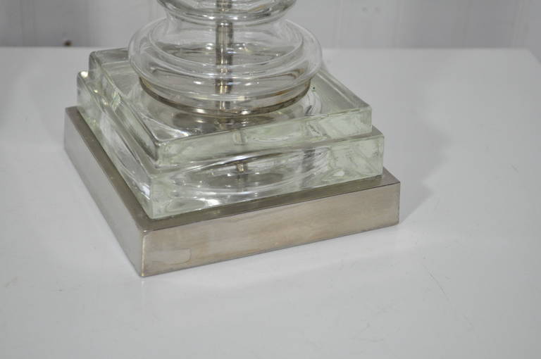 Pair of Nickel and Glass Column Shaft Table Lamps Attributed to Paul Hanson 2