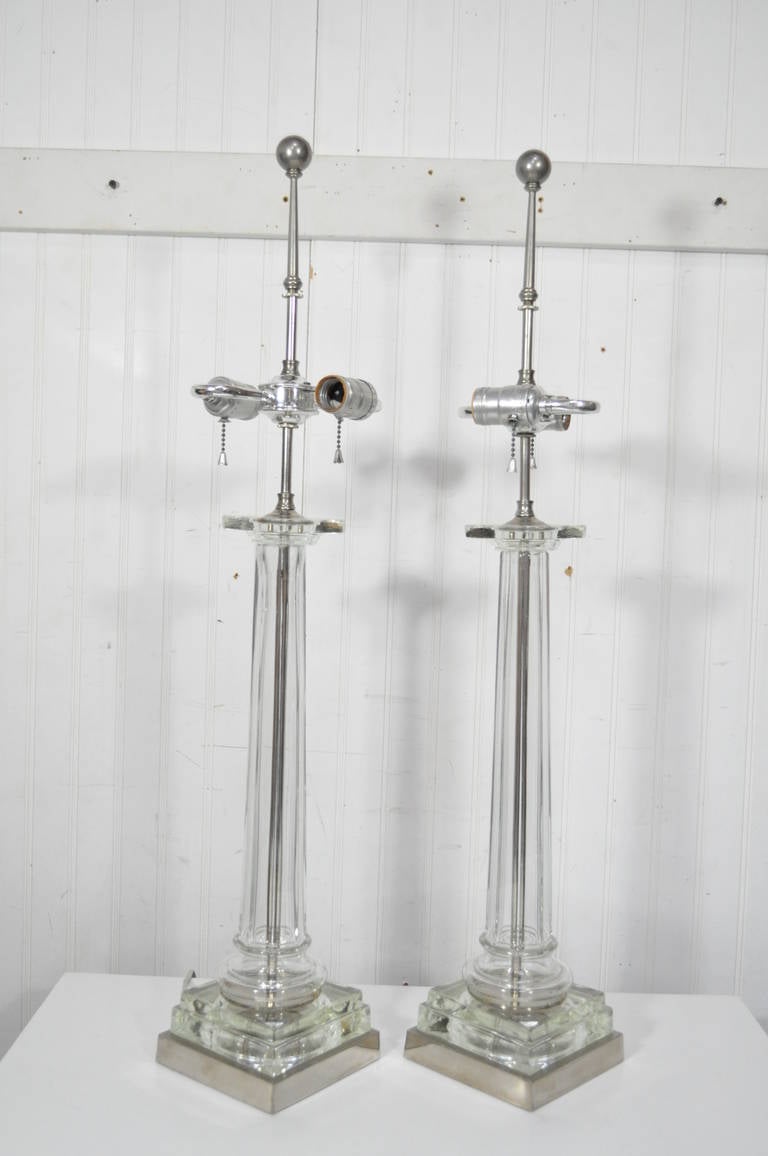 Hollywood Regency Pair of Nickel and Glass Column Shaft Table Lamps Attributed to Paul Hanson