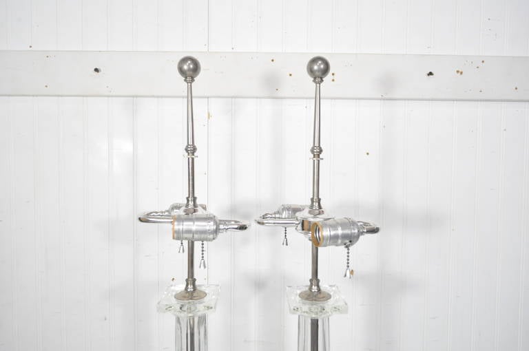 Pair of Nickel and Glass Column Shaft Table Lamps Attributed to Paul Hanson In Good Condition In Philadelphia, PA