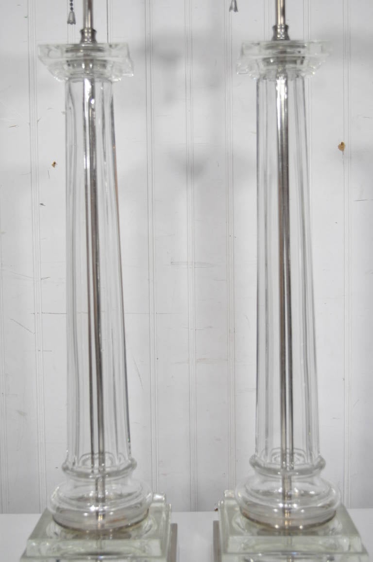 Late 20th Century Pair of Nickel and Glass Column Shaft Table Lamps Attributed to Paul Hanson