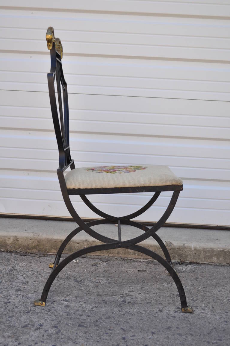 Mid-20th Century Lyre-Back Regency-Style Swan Head X-Form Wrought Iron and Brass Side Chair