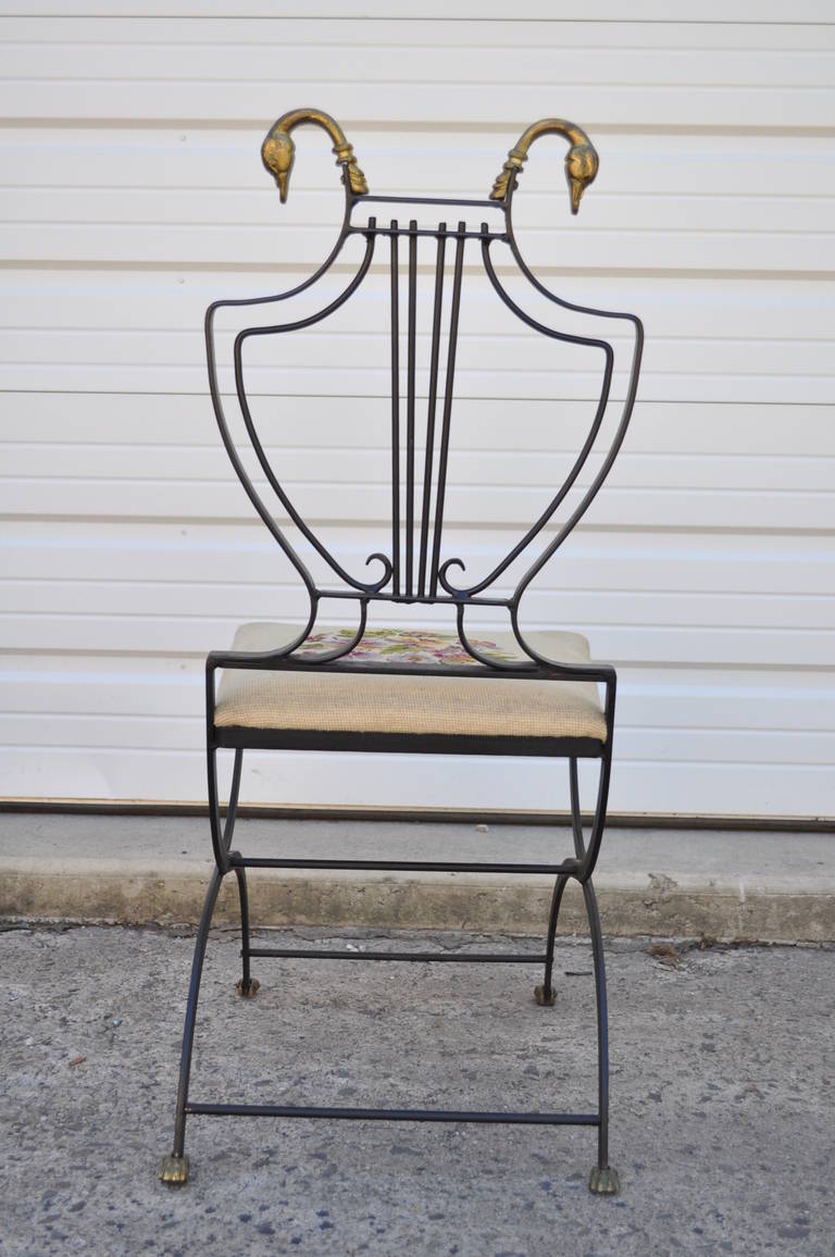 Lyre-Back Regency-Style Swan Head X-Form Wrought Iron and Brass Side Chair 1