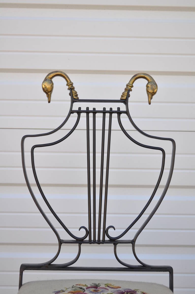 American Lyre-Back Regency-Style Swan Head X-Form Wrought Iron and Brass Side Chair