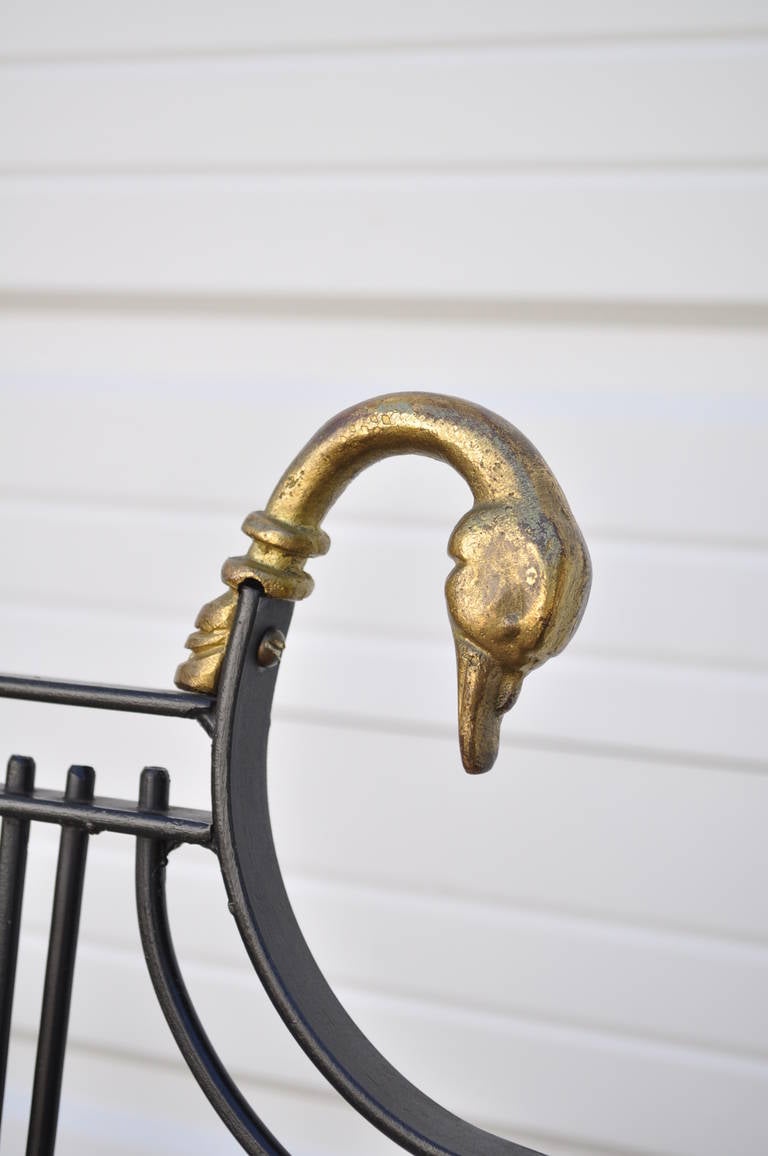 Lyre-Back Regency-Style Swan Head X-Form Wrought Iron and Brass Side Chair 5