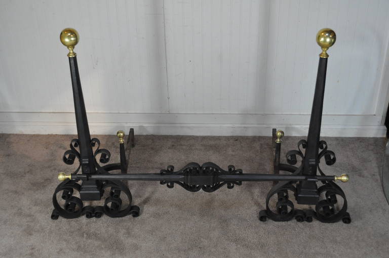 Antique Wrought Iron & Brass Arts & Crafts Mission Samuel Yellin Style Andirons For Sale 3