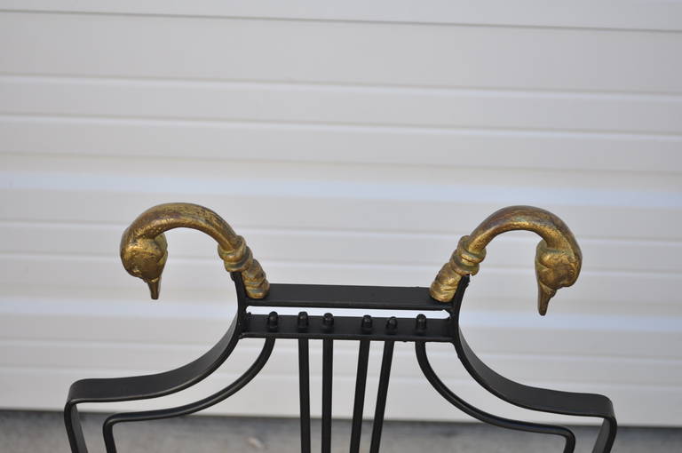 Lyre-Back Regency-Style Swan Head X-Form Wrought Iron and Brass Side Chair In Good Condition In Philadelphia, PA