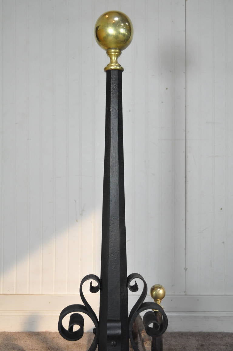 European Antique Wrought Iron & Brass Arts & Crafts Mission Samuel Yellin Style Andirons For Sale