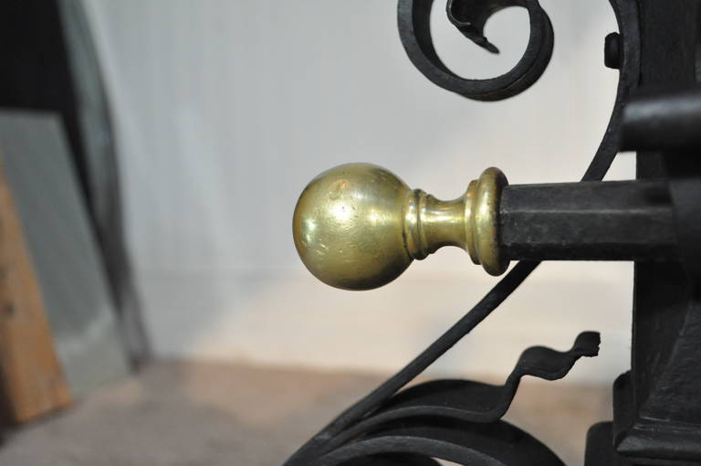 19th Century Antique Wrought Iron & Brass Arts & Crafts Mission Samuel Yellin Style Andirons For Sale