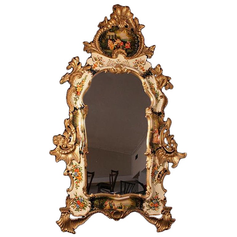 Italian 62" Gold Giltwood Chinoiserie Japanned Large Rococo Console Wall Mirror For Sale