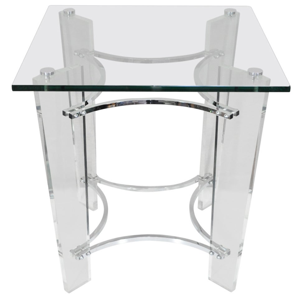 MCM Lucite Chrome Glass Square Sculptural Side Table after Charles Hollis Jones For Sale