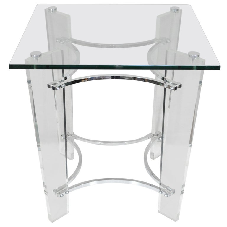 MCM Lucite Chrome Glass Square Sculptural Side Table after Charles