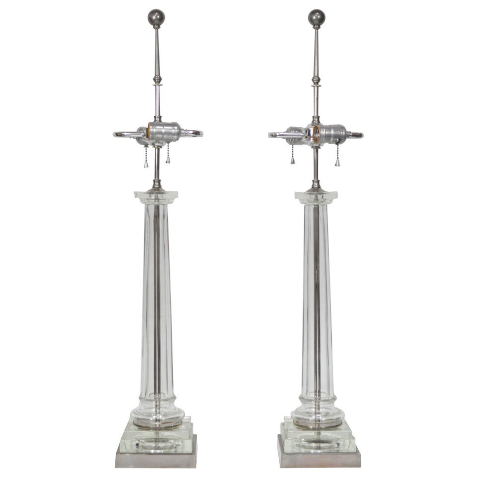Pair of Nickel and Glass Column Shaft Table Lamps Attributed to Paul Hanson