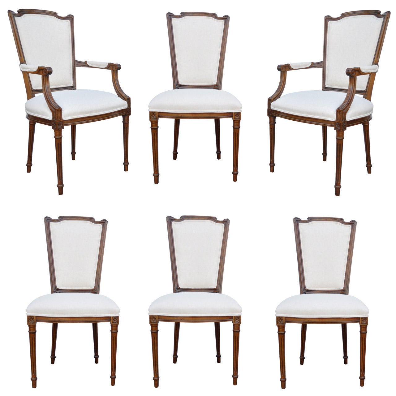 Set of Six Walnut French Country Louis XVI Style Upholstered Dining Room Chairs