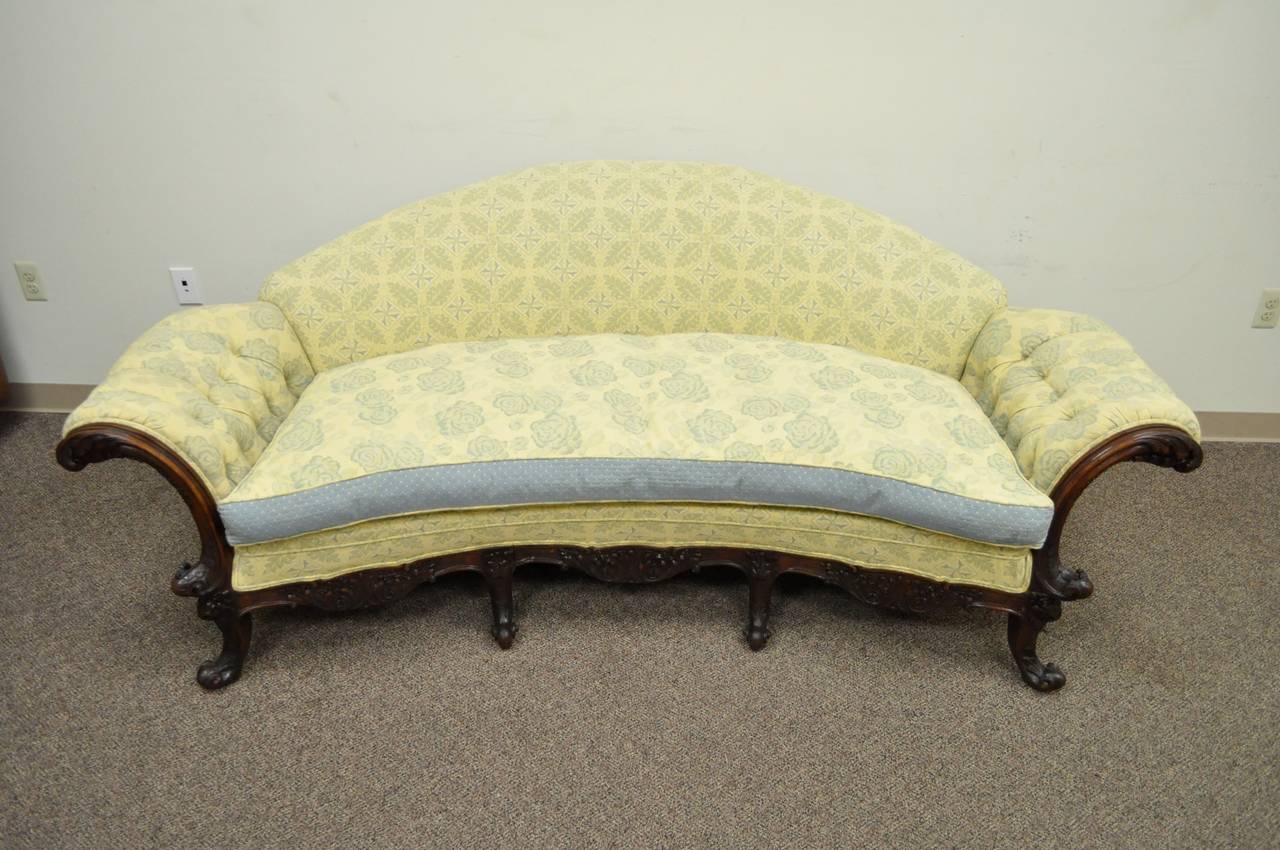 19th Century Georgian Style Rolled Arm Carved Mahogany Antique Curved Sofa For Sale 3