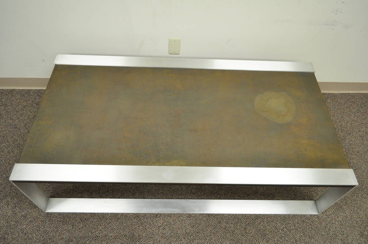 Mid-Century Modern Embossed Copper and Brushed Steel Coffee Table after Laverne In Good Condition For Sale In Philadelphia, PA