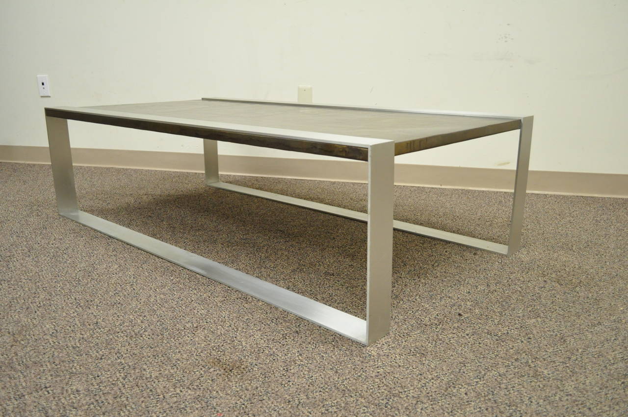 Mid-Century Modern Embossed Copper and Brushed Steel Coffee Table after Laverne For Sale 1