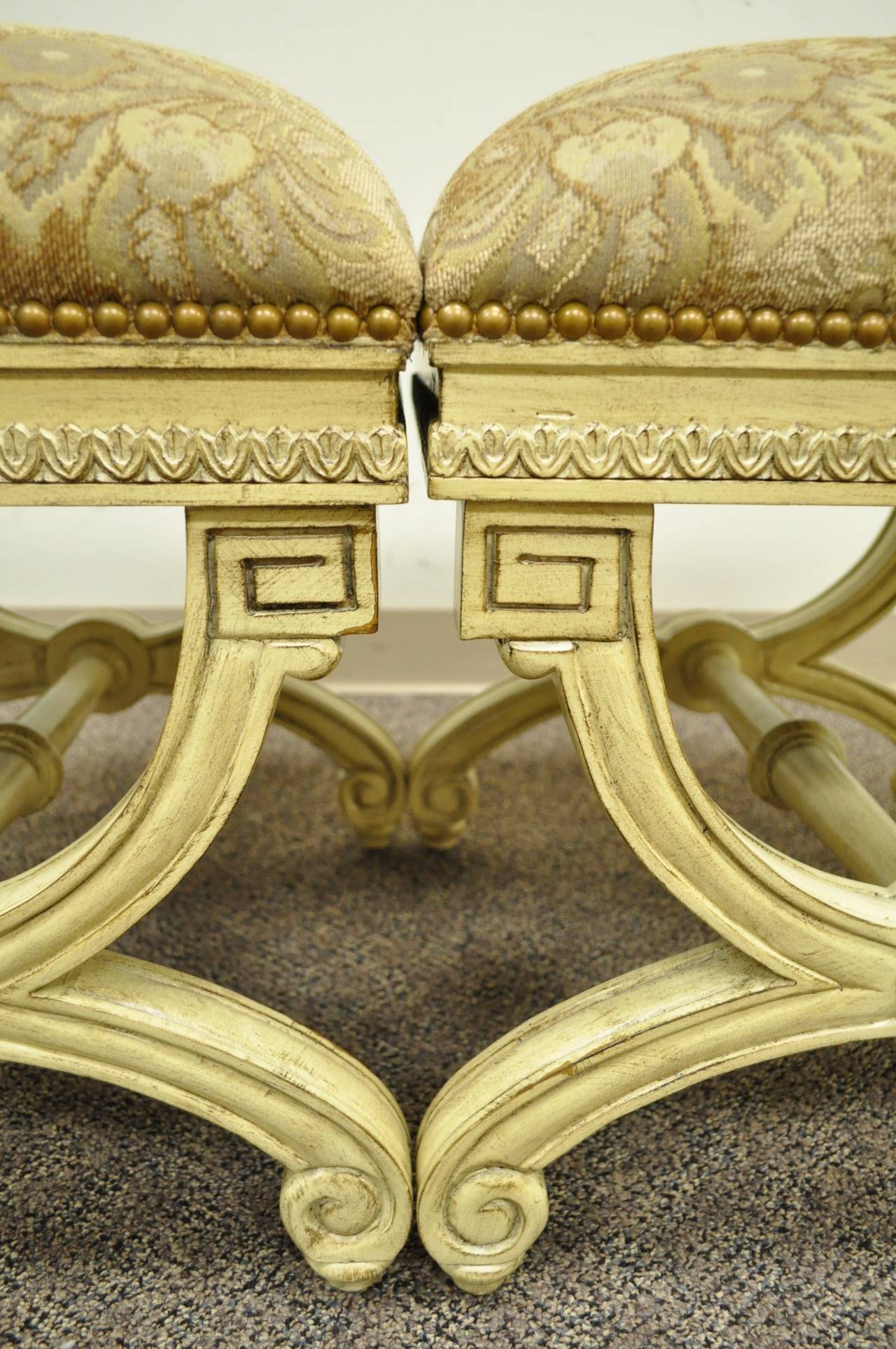 Neoclassical Pair of Cream Painted Italian Regency Style Carved Wood X-Frame Curule Stools