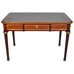 Vintage Leather Top French Louis XVI Style Brass Ormolu Satinwood Desk