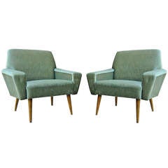 Pair of Mid Century Modern Green Lounge Chairs Italian Gio Ponti Style