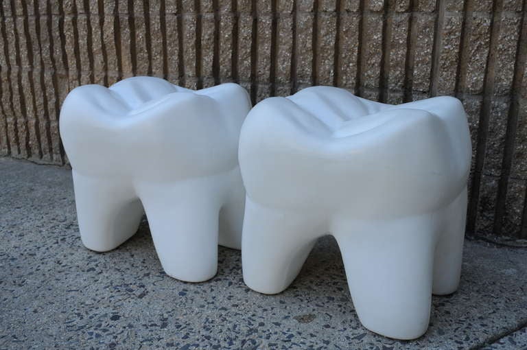 Very Unique Pair of Vintage 1981 Pop Art White Molded Plastic Teeth Form Stools Made by Golden West Dental Inc of Garden Grove, CA. Perfect to use in a child's room or as conversation pieces in a living area.