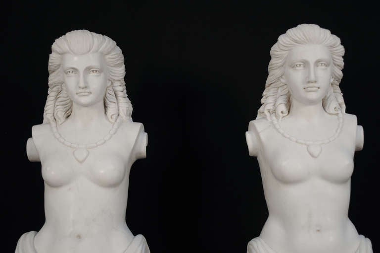 Hand-Carved Carrara Marble Classical Greek Woman Maiden Statues a Pair In Good Condition For Sale In Philadelphia, PA