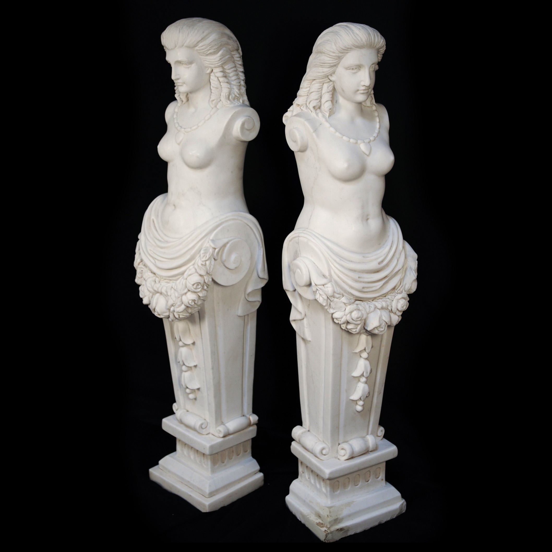 Hand-Carved Carrara Marble Classical Greek Woman Maiden Statues a Pair