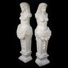 Hand-Carved Carrara Marble Classical Greek Woman Maiden Statues a Pair