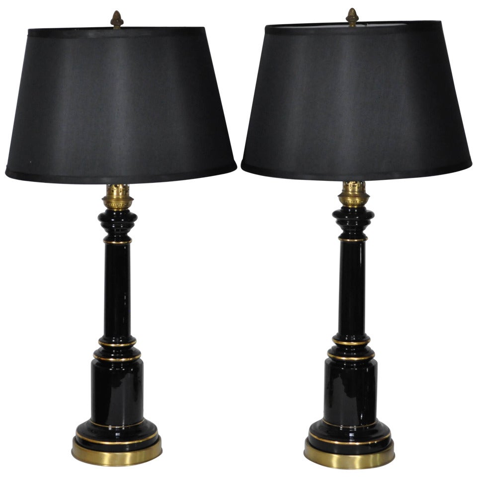 Pair Neoclassical French Empire Style Black Glass Column Shaft Table Lamps